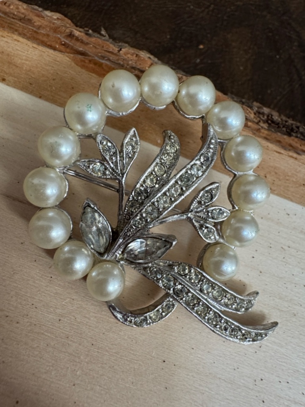 Ruby Lane Vintage Pearl and Crystal Floral Wreath Brooch